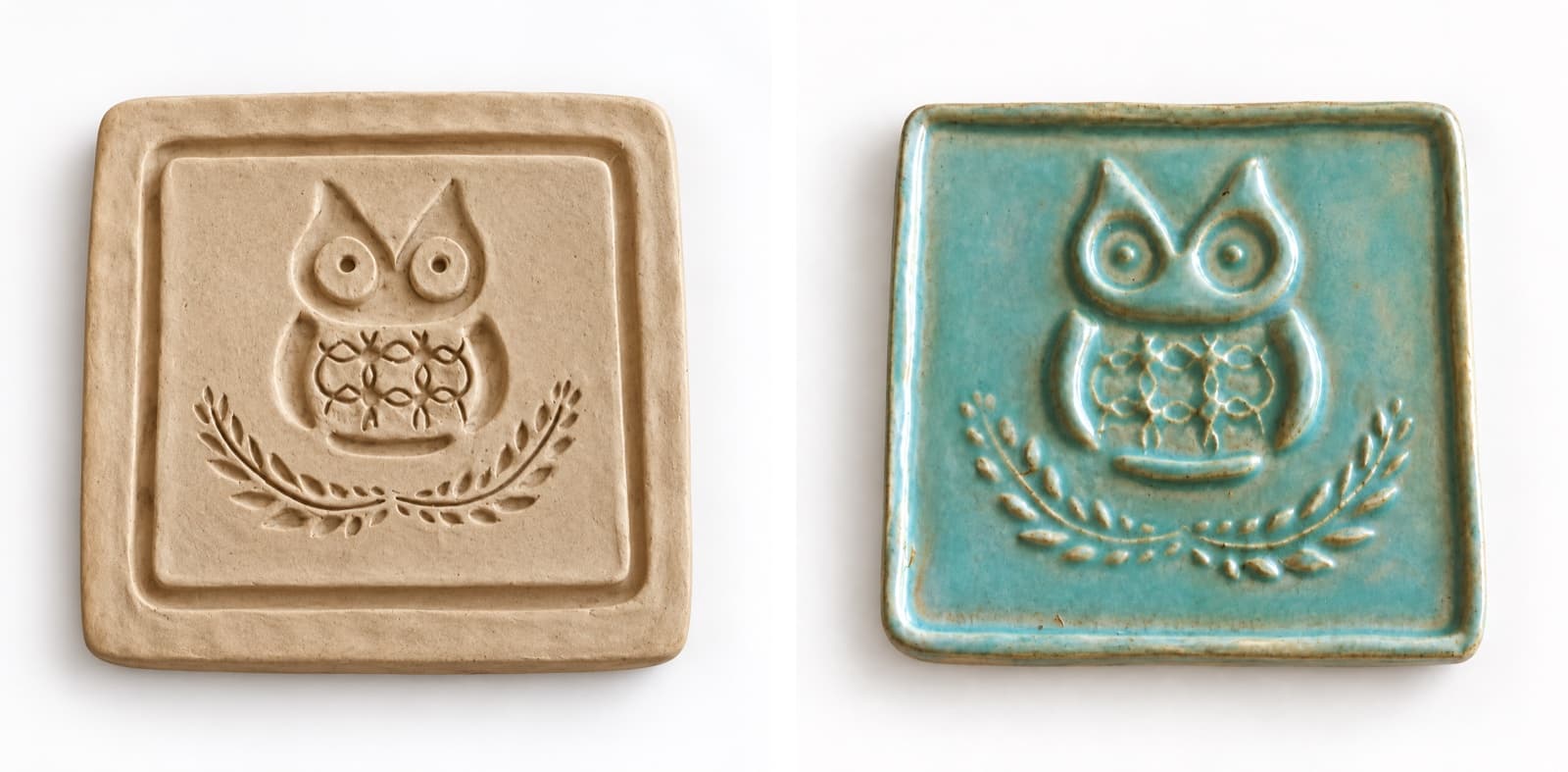 An owl tile mold next to the coasters made from it